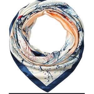 Corciova Navy Blue Tree Branch Print Square Silk Feeling Satin Scarf